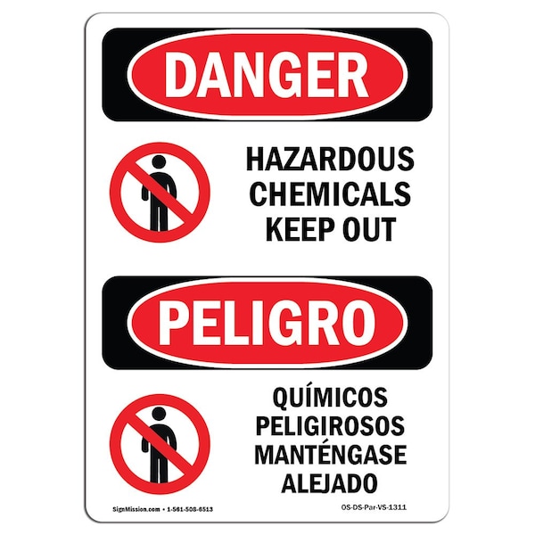 Safety Sign, OSHA Danger, 5" Height, Hazardous Chemicals Keep Out Spanish, 10PK